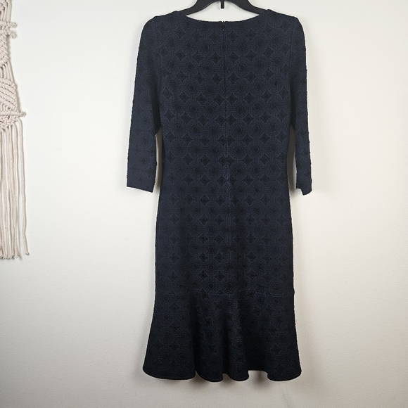 St John Jacquard Knit Black Navy Dress Half sleeve Scoop Neck Flare A Line 4 - Picture 5 of 7